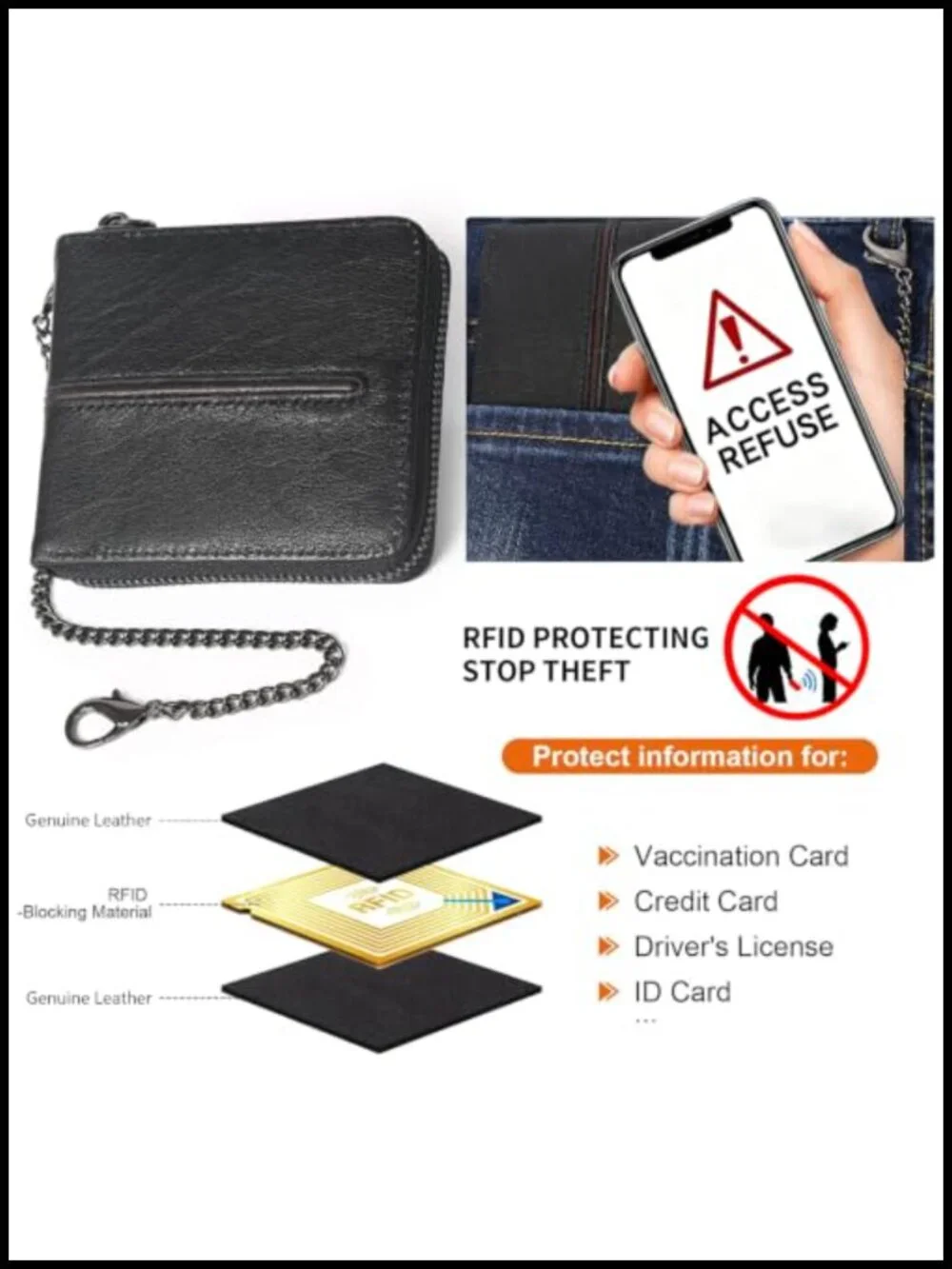 Genuine Leather Mens RFID Blocking Wallet Bifold Credit Card Holder With Chain